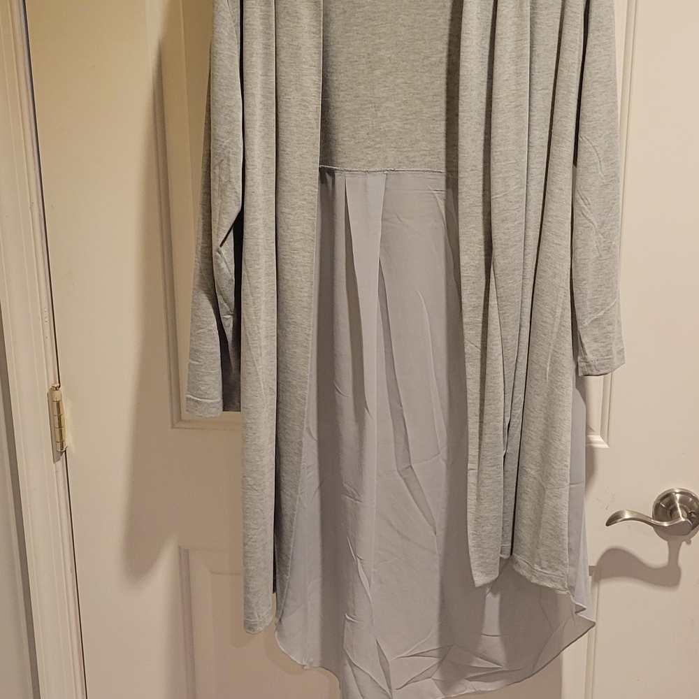 Gray Long Cardigan with Sheer Panel